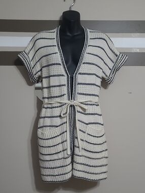 Devoted Off-White & Navy Striped Knit Hook & Eye Tie-Waist Ovrszd Cardigan Sz XS